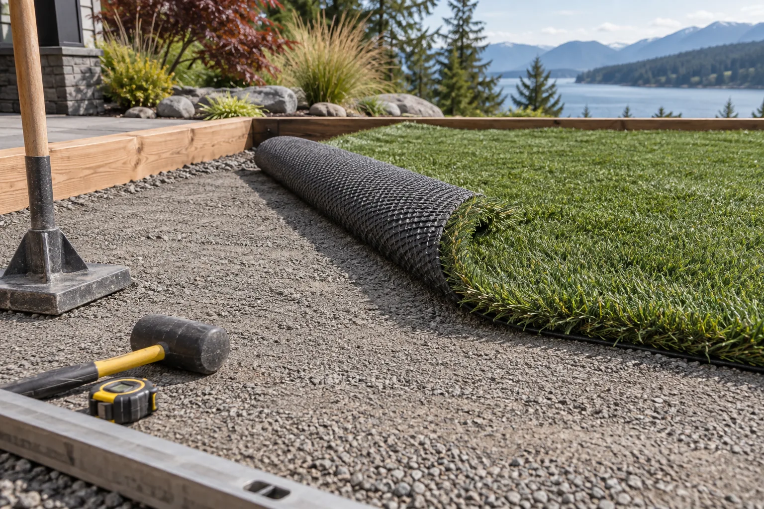 Turf preparation showing base material and perimeter edging