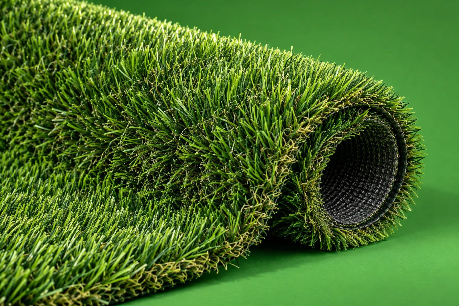 Close-up of turf fibres and the backing of a turf roll